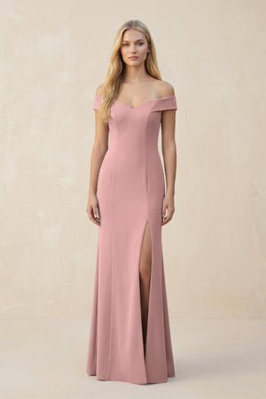 Off - the - Shoulder Sheath Matte Satin Bridesmaid Dress in Champagne Rose - KISS BRIDAL Bridesmaid Dresses