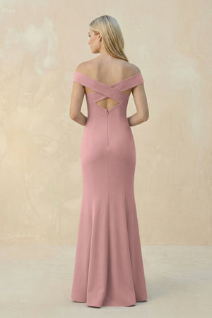Off - the - Shoulder Sheath Matte Satin Bridesmaid Dress in Champagne Rose - KISS BRIDAL Bridesmaid Dresses