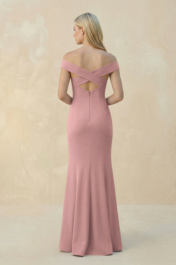 Off - the - Shoulder Sheath Matte Satin Bridesmaid Dress in Champagne Rose - KISS BRIDAL Bridesmaid Dresses