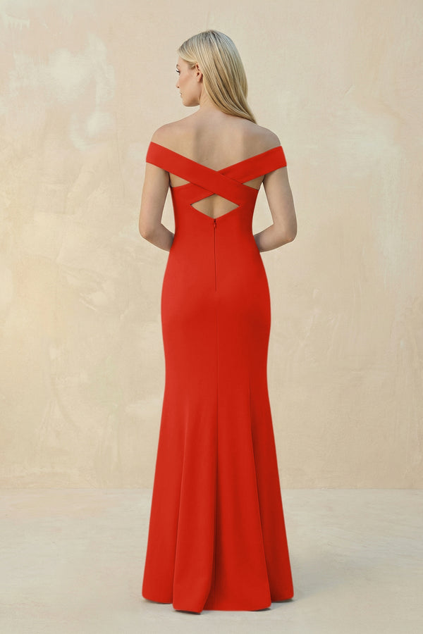 Off - the - Shoulder Sheath Matte Satin Bridesmaid Dress in Cinnamon - SHE IS ME Bridesmaid Dresses