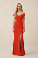 Off - the - Shoulder Sheath Matte Satin Bridesmaid Dress in Cinnamon - SHE IS ME Bridesmaid Dresses