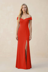 Off - the - Shoulder Sheath Matte Satin Bridesmaid Dress in Cinnamon - KISS BRIDAL Bridesmaid Dresses