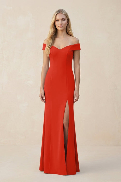 Off - the - Shoulder Sheath Matte Satin Bridesmaid Dress in Cinnamon - SHE IS ME Bridesmaid Dresses