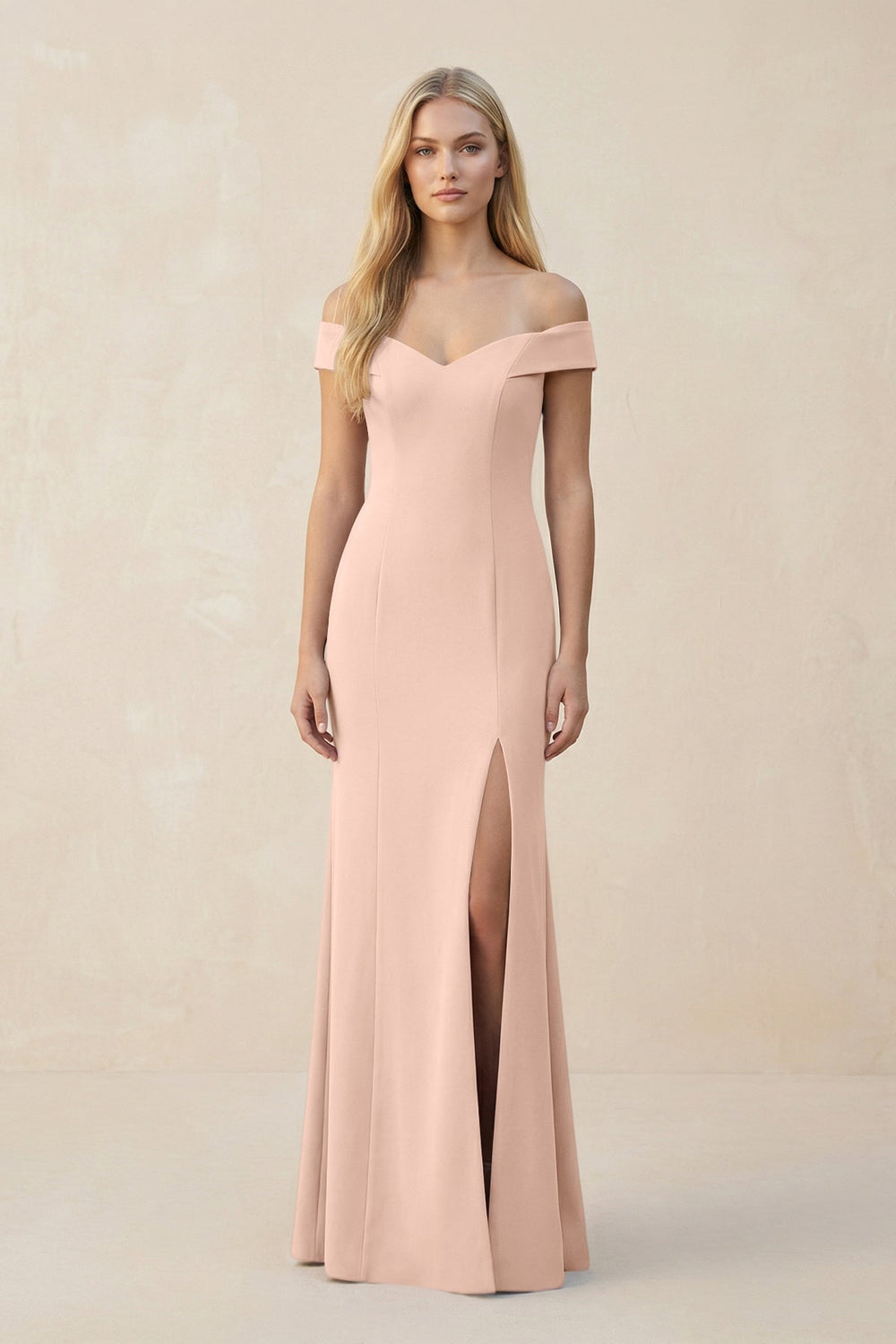 Off - the - Shoulder Sheath Matte Satin Bridesmaid Dress in Coral Pink - SHE IS ME Bridesmaid Dresses