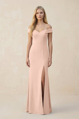 Off - the - Shoulder Sheath Matte Satin Bridesmaid Dress in Coral Pink - KISS BRIDAL Bridesmaid Dresses