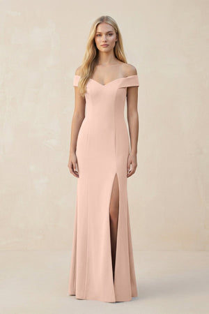 Off - the - Shoulder Sheath Matte Satin Bridesmaid Dress in Coral Pink - KISS BRIDAL Bridesmaid Dresses