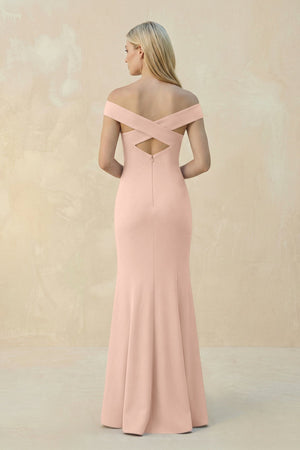 Off - the - Shoulder Sheath Matte Satin Bridesmaid Dress in Coral Pink - KISS BRIDAL Bridesmaid Dresses