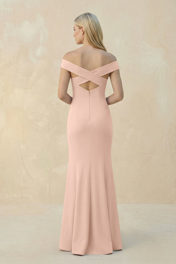 Off - the - Shoulder Sheath Matte Satin Bridesmaid Dress in Coral Pink - KISS BRIDAL Bridesmaid Dresses