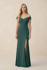 Off - the - Shoulder Sheath Matte Satin Bridesmaid Dress in Dark Green - KISS BRIDAL Bridesmaid Dresses