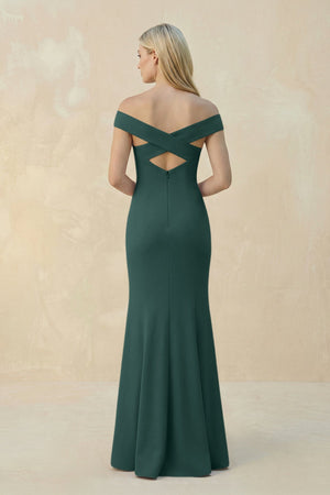 Off - the - Shoulder Sheath Matte Satin Bridesmaid Dress in Dark Green - KISS BRIDAL Bridesmaid Dresses
