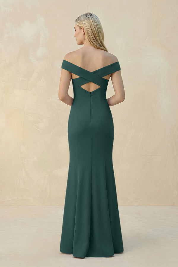 Off - the - Shoulder Sheath Matte Satin Bridesmaid Dress in Dark Green - KISS BRIDAL Bridesmaid Dresses