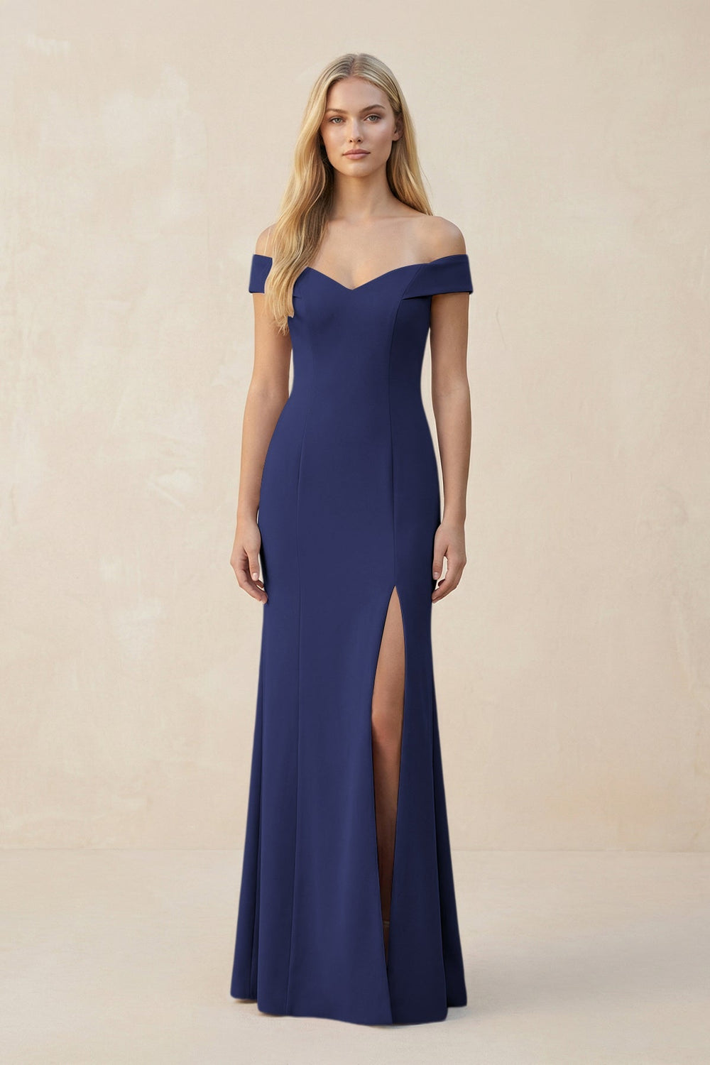 Off - the - Shoulder Sheath Matte Satin Bridesmaid Dress in Dark Navy - KISS BRIDAL Bridesmaid Dresses