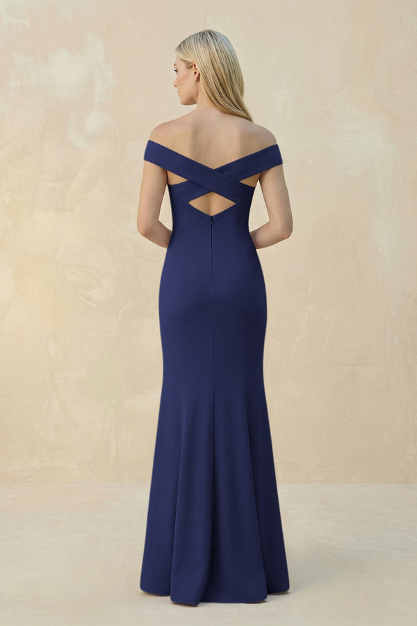 Off - the - Shoulder Sheath Matte Satin Bridesmaid Dress in Dark Navy - KISS BRIDAL Bridesmaid Dresses