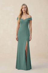 Off - the - Shoulder Sheath Matte Satin Bridesmaid Dress in Dark Teal - KISS BRIDAL Bridesmaid Dresses