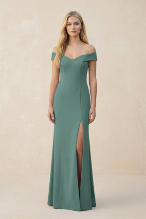 Off - the - Shoulder Sheath Matte Satin Bridesmaid Dress in Dark Teal - KISS BRIDAL Bridesmaid Dresses