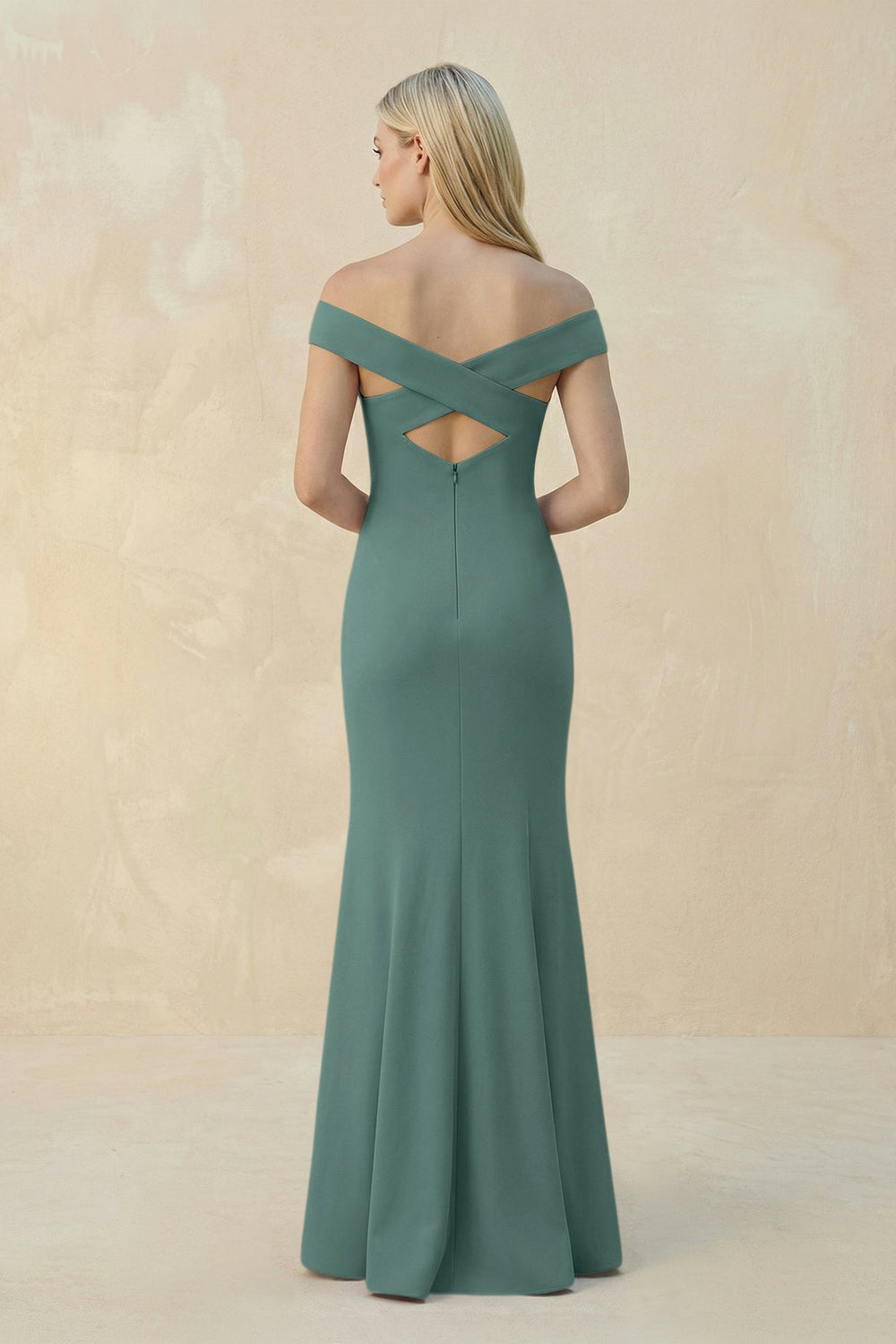 Off - the - Shoulder Sheath Matte Satin Bridesmaid Dress in Dark Teal - KISS BRIDAL Bridesmaid Dresses