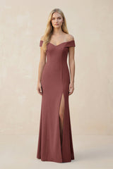 Off - the - Shoulder Sheath Matte Satin Bridesmaid Dress in Desert Rose - KISS BRIDAL Bridesmaid Dresses