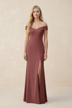 Off - the - Shoulder Sheath Matte Satin Bridesmaid Dress in Desert Rose - KISS BRIDAL Bridesmaid Dresses