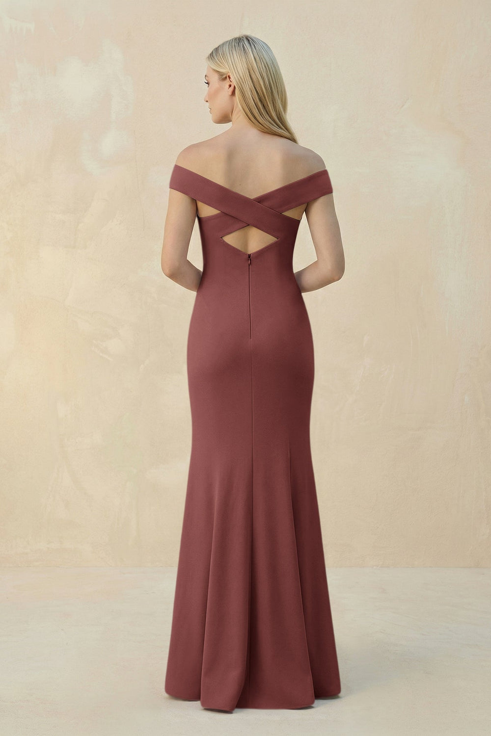 Off - the - Shoulder Sheath Matte Satin Bridesmaid Dress in Desert Rose - KISS BRIDAL Bridesmaid Dresses