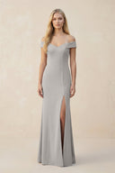 Off - the - Shoulder Sheath Matte Satin Bridesmaid Dress in Dove Gray - KISS BRIDAL Bridesmaid Dresses