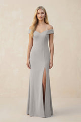 Off - the - Shoulder Sheath Matte Satin Bridesmaid Dress in Dove Gray - KISS BRIDAL Bridesmaid Dresses