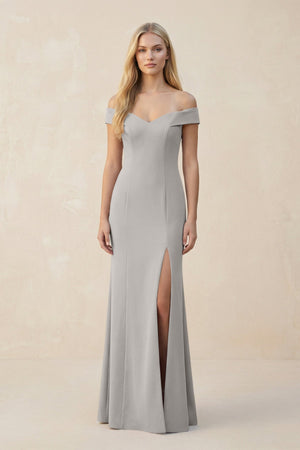 Off - the - Shoulder Sheath Matte Satin Bridesmaid Dress in Dove Gray - KISS BRIDAL Bridesmaid Dresses