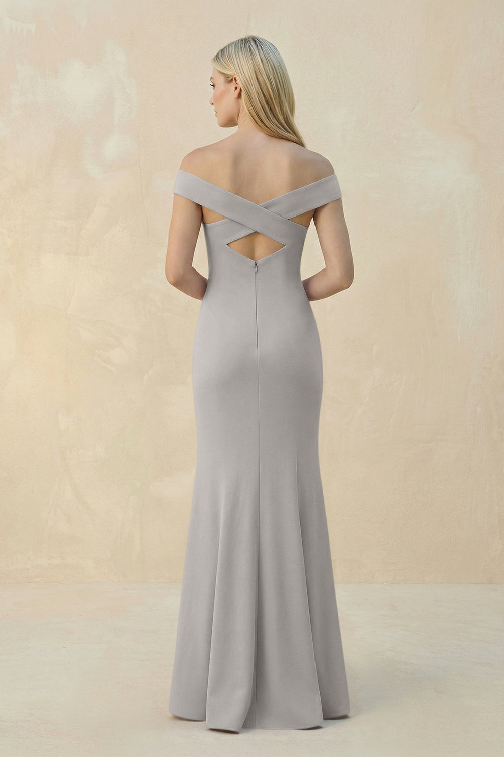 Off - the - Shoulder Sheath Matte Satin Bridesmaid Dress in Dove Gray - SHE IS ME Bridesmaid Dresses