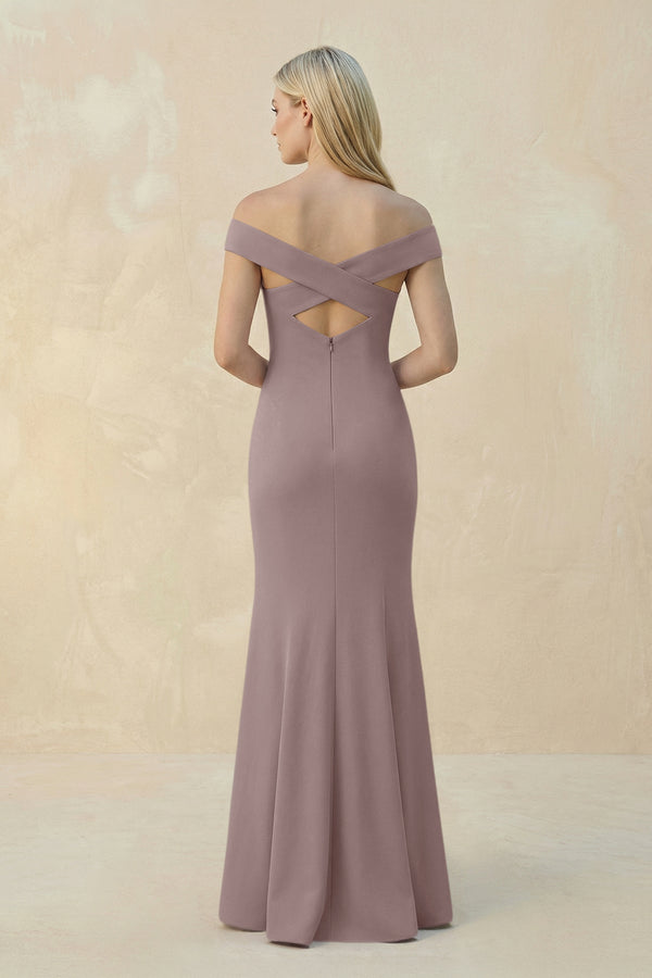 Off - the - Shoulder Sheath Matte Satin Bridesmaid Dress in Dusk - KISS BRIDAL Bridesmaid Dresses
