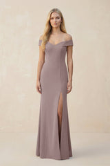 Off - the - Shoulder Sheath Matte Satin Bridesmaid Dress in Dusk - KISS BRIDAL Bridesmaid Dresses