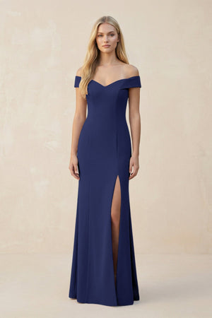 Off - the - Shoulder Sheath Matte Satin Bridesmaid Dress in Dusk Blue - KISS BRIDAL Bridesmaid Dresses