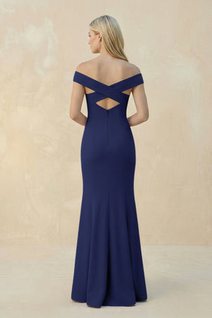 Off - the - Shoulder Sheath Matte Satin Bridesmaid Dress in Dusk Blue - KISS BRIDAL Bridesmaid Dresses