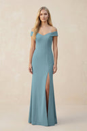 Off - the - Shoulder Sheath Matte Satin Bridesmaid Dress in Dusty Blue - KISS BRIDAL Bridesmaid Dresses
