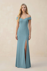 Off - the - Shoulder Sheath Matte Satin Bridesmaid Dress in Dusty Blue - KISS BRIDAL Bridesmaid Dresses