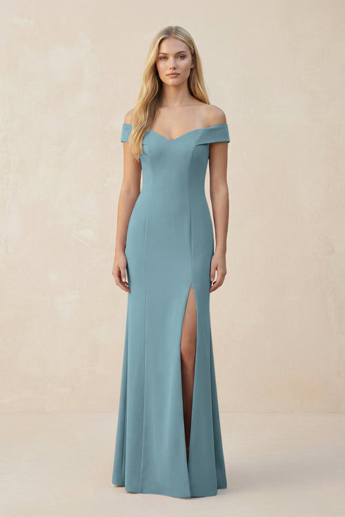 Off - the - Shoulder Sheath Matte Satin Bridesmaid Dress in Dusty Blue - KISS BRIDAL Bridesmaid Dresses
