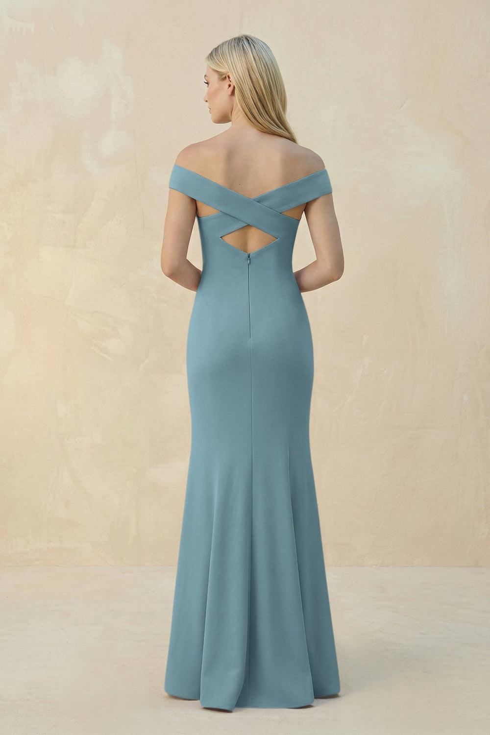 Off - the - Shoulder Sheath Matte Satin Bridesmaid Dress in Dusty Blue - KISS BRIDAL Bridesmaid Dresses