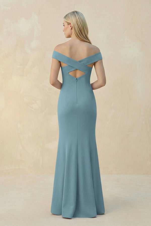 Off - the - Shoulder Sheath Matte Satin Bridesmaid Dress in Dusty Blue - KISS BRIDAL Bridesmaid Dresses