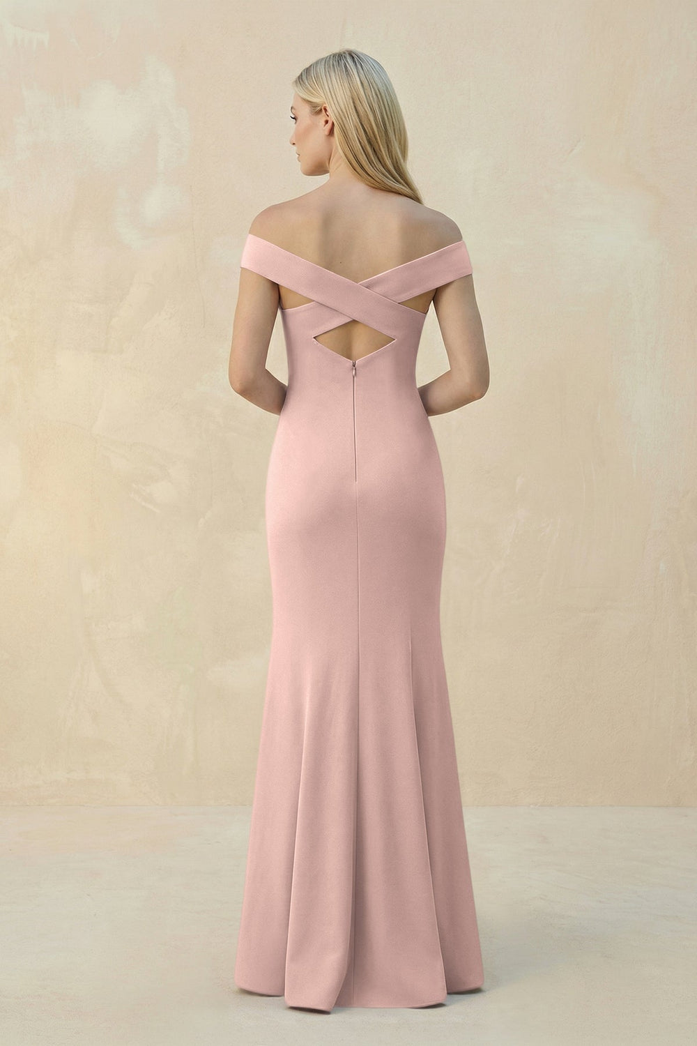 Off - the - Shoulder Sheath Matte Satin Bridesmaid Dress in Dusty Rose - KISS BRIDAL Bridesmaid Dresses
