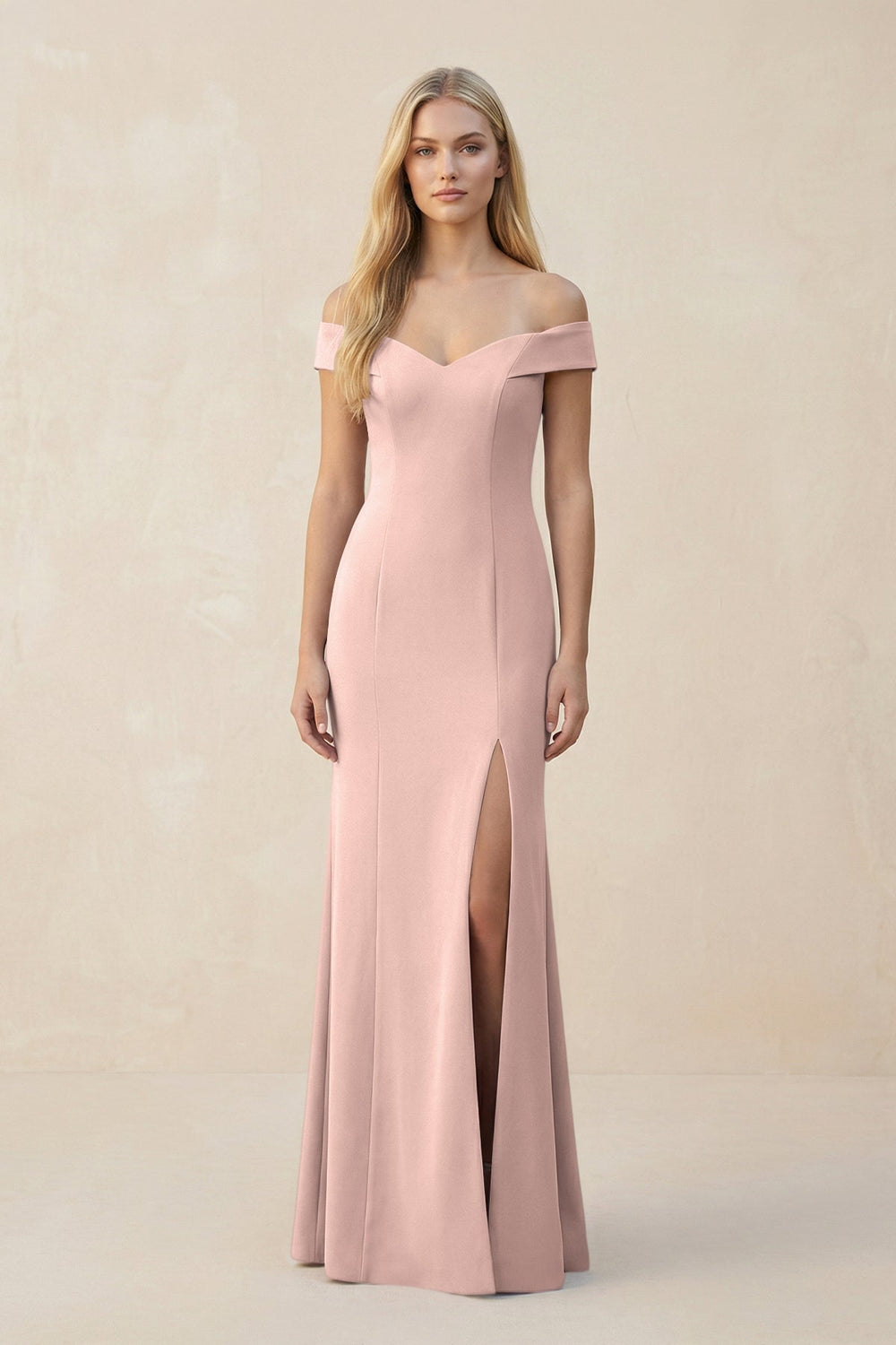 Off - the - Shoulder Sheath Matte Satin Bridesmaid Dress in Dusty Rose - KISS BRIDAL Bridesmaid Dresses