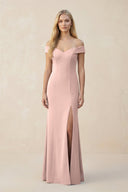 Off - the - Shoulder Sheath Matte Satin Bridesmaid Dress in Dusty Rose - KISS BRIDAL Bridesmaid Dresses