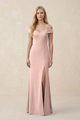 Off - the - Shoulder Sheath Matte Satin Bridesmaid Dress in Dusty Rose - KISS BRIDAL Bridesmaid Dresses
