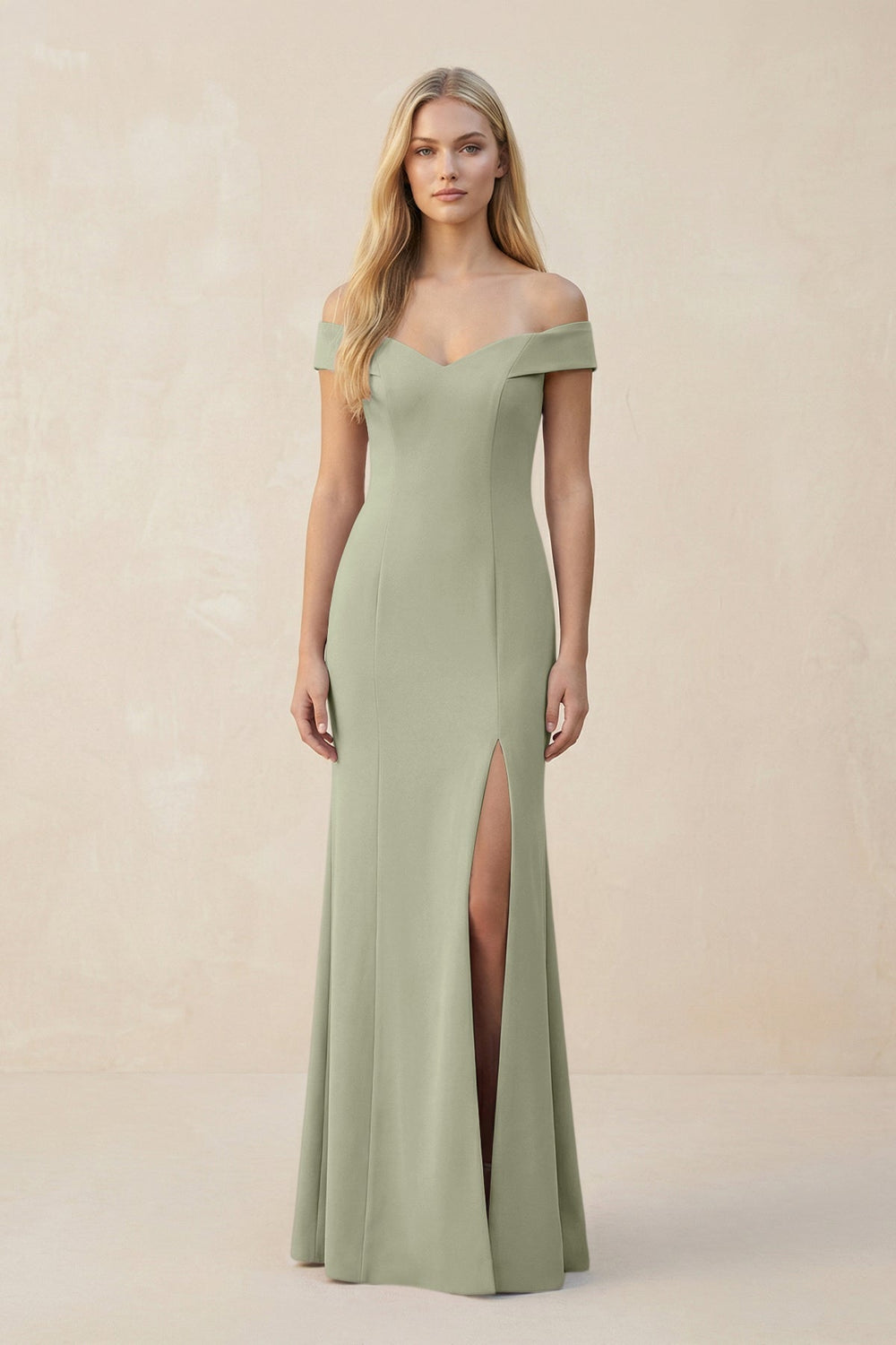 Off - the - Shoulder Sheath Matte Satin Bridesmaid Dress in Dusty Sage - SHE IS ME Bridesmaid Dresses