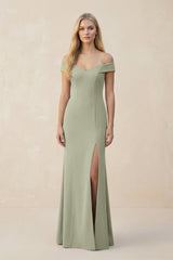 Off - the - Shoulder Sheath Matte Satin Bridesmaid Dress in Dusty Sage - KISS BRIDAL Bridesmaid Dresses