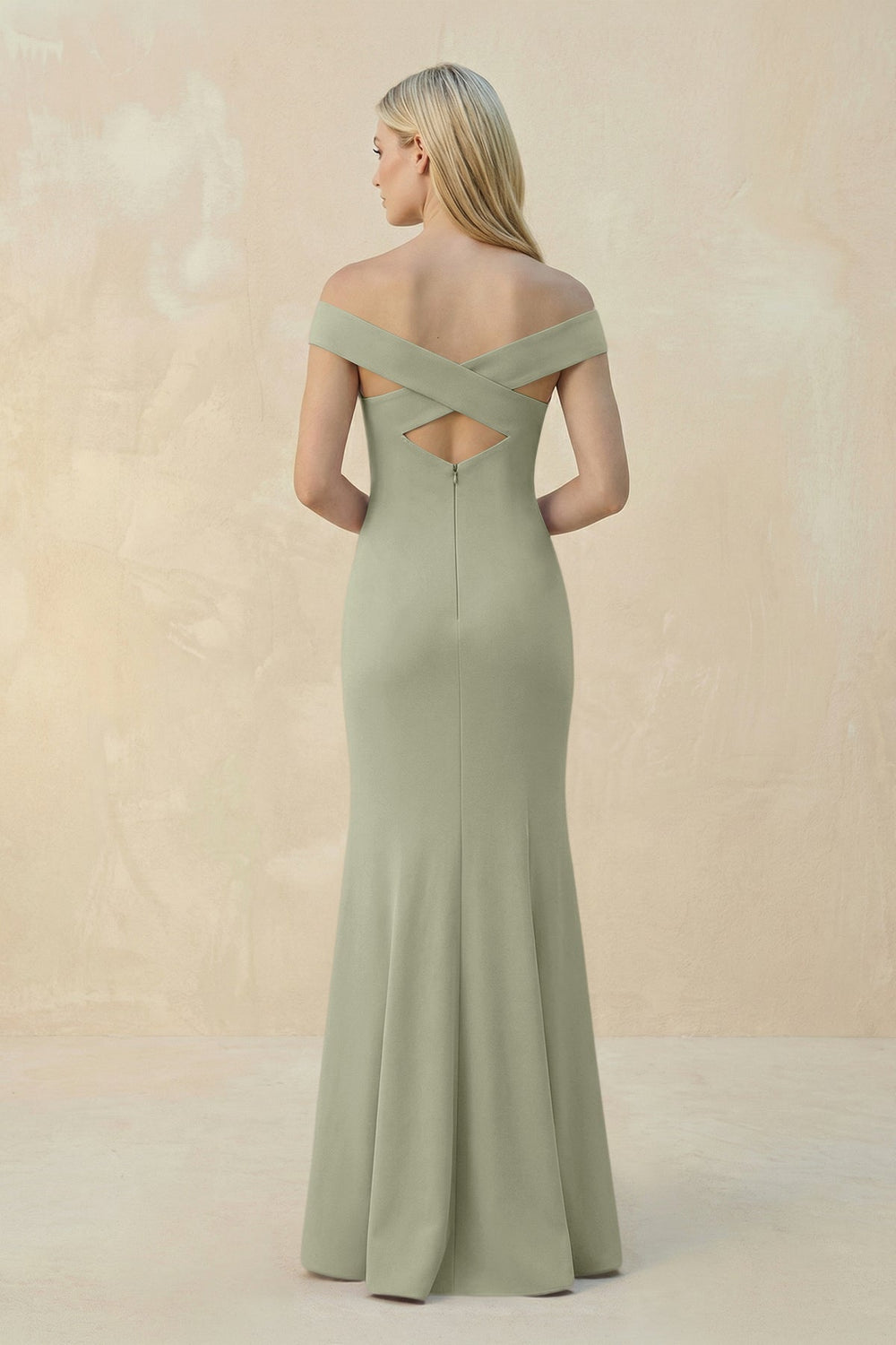Off - the - Shoulder Sheath Matte Satin Bridesmaid Dress in Dusty Sage - SHE IS ME Bridesmaid Dresses