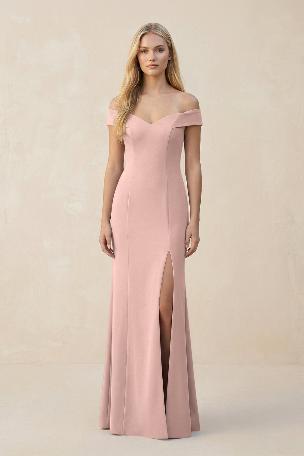 Off - the - Shoulder Sheath Matte Satin Bridesmaid Dress in English Rose - KISS BRIDAL Bridesmaid Dresses