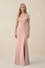 Off - the - Shoulder Sheath Matte Satin Bridesmaid Dress in English Rose - KISS BRIDAL Bridesmaid Dresses
