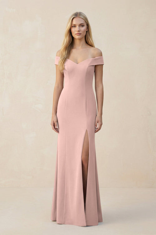 Off - the - Shoulder Sheath Matte Satin Bridesmaid Dress in English Rose - SHE IS ME Bridesmaid Dresses