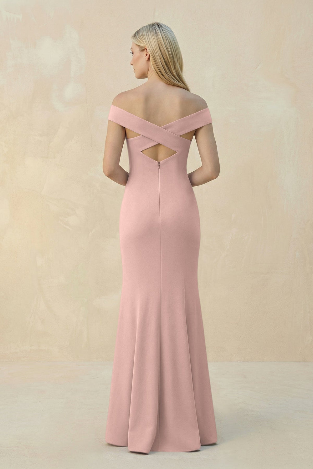 Off - the - Shoulder Sheath Matte Satin Bridesmaid Dress in English Rose - KISS BRIDAL Bridesmaid Dresses