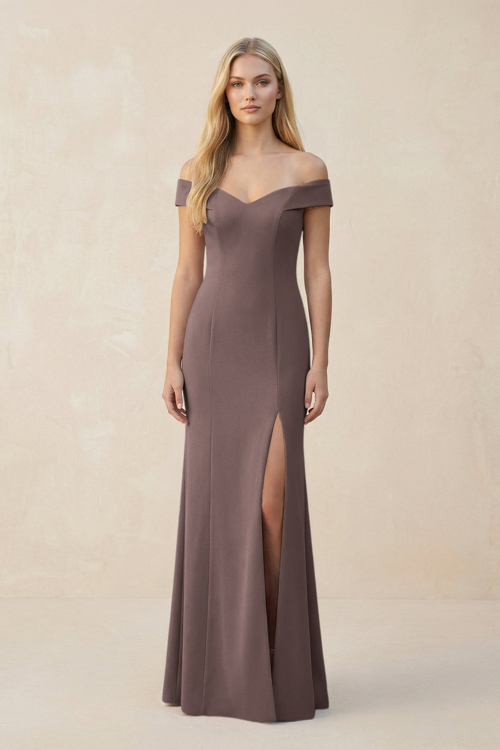 Off - the - Shoulder Sheath Matte Satin Bridesmaid Dress in Espresso - SHE IS ME Bridesmaid Dresses