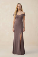 Off - the - Shoulder Sheath Matte Satin Bridesmaid Dress in Espresso - KISS BRIDAL Bridesmaid Dresses