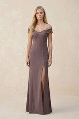 Off - the - Shoulder Sheath Matte Satin Bridesmaid Dress in Espresso - KISS BRIDAL Bridesmaid Dresses